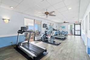 A gym with treadmills, elliptical machines, and a ceiling fan. - Monterey Bay by Elliott Beach Rentals (Myrtle Beach)