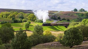 A steam train in a rural landscape with green fields and trees. - A relaxing, rural retreat for two. (Wrelton, near Pickering)