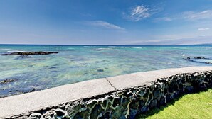 Een kustgezicht met helder turquoise water, een stenen muur en een gazon.