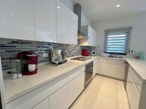 Fridge, oven, stovetop, cookware/dishes/utensils