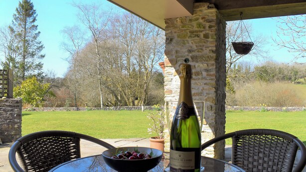 A table with a bottle of wine and a bowl of fruit, a wicker chair, and a stone wall in a garden setting.