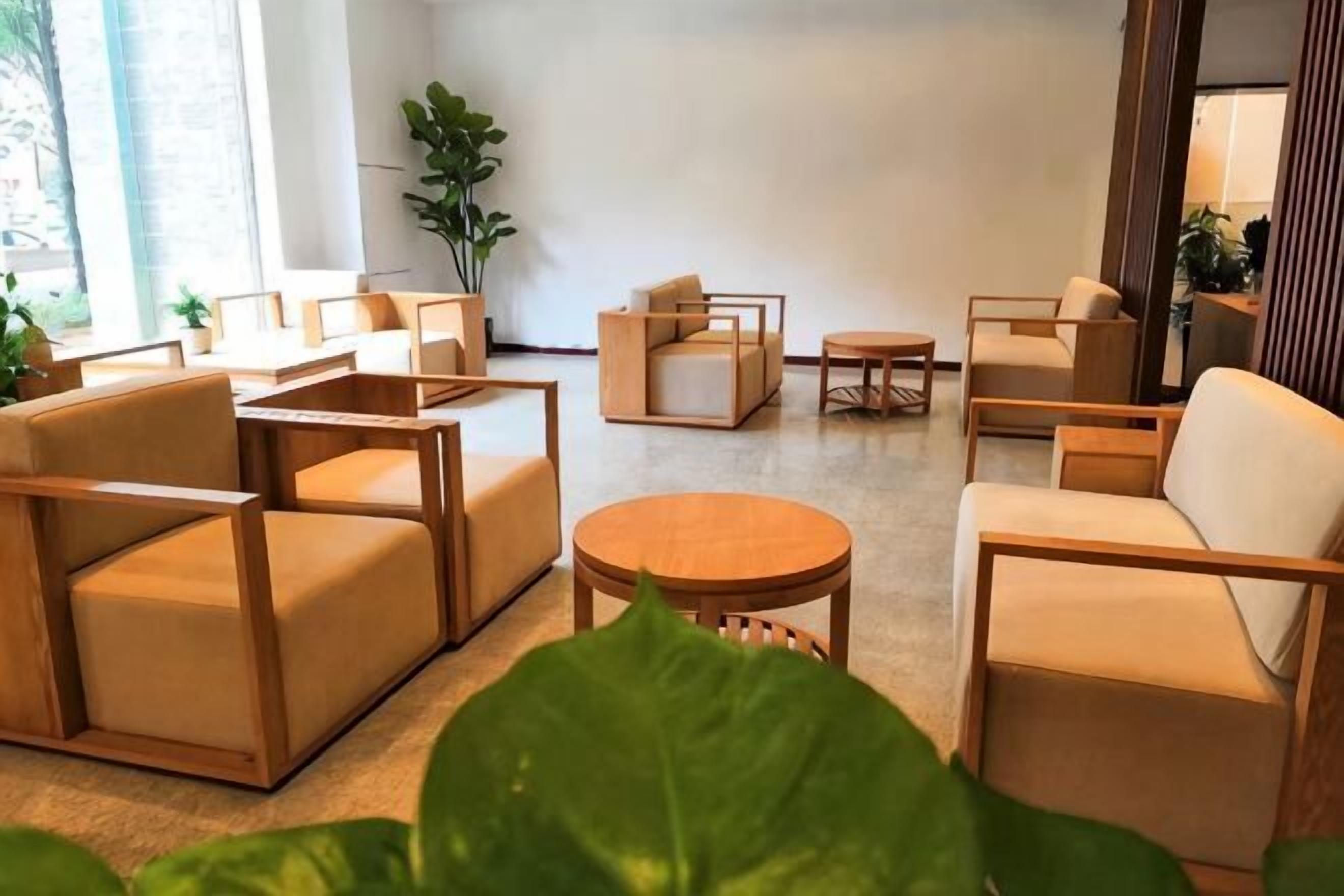 A modern lounge area with sofas and tables, large windows, and indoor plants.