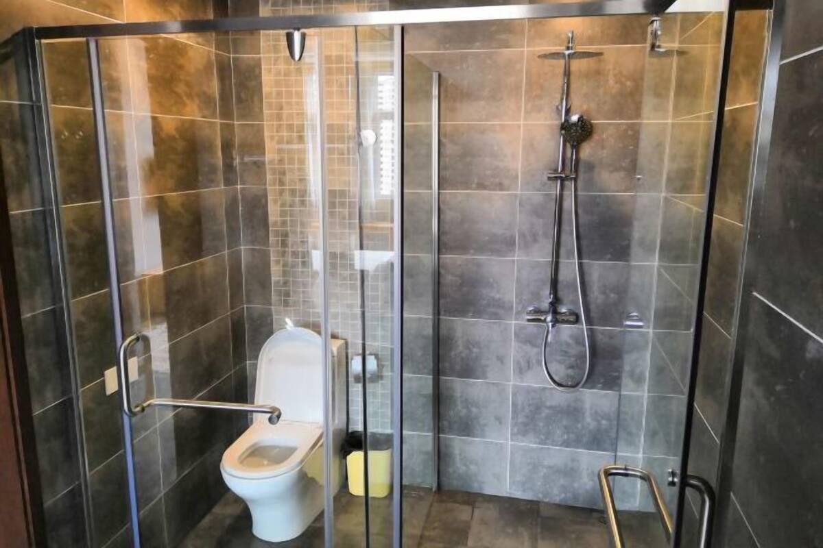 Een douchecabine met glazen wanden, een toilet en een handdouche.