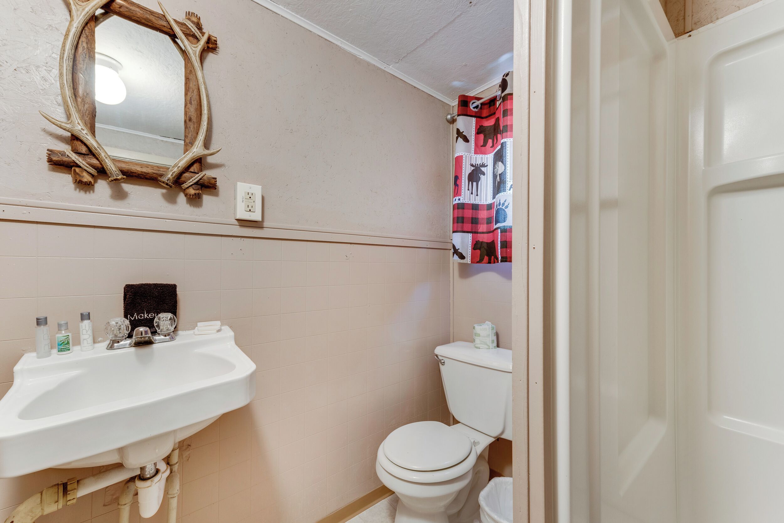Un bagno con lavandino, specchio, water e tenda da doccia decorata.