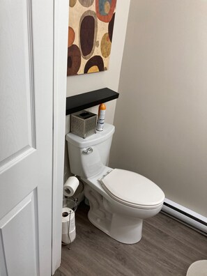 Une salle de bain moderne avec des toilettes, du papier toilette et une étagère sur laquelle se trouve une bouteille.