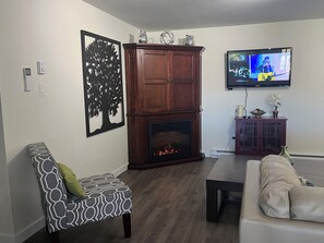 A living room with a fireplace, a sofa, a TV, and a decorative cabinet.