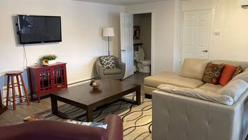 Una televisión, una chimenea, un reproductor de DVD, una videoteca