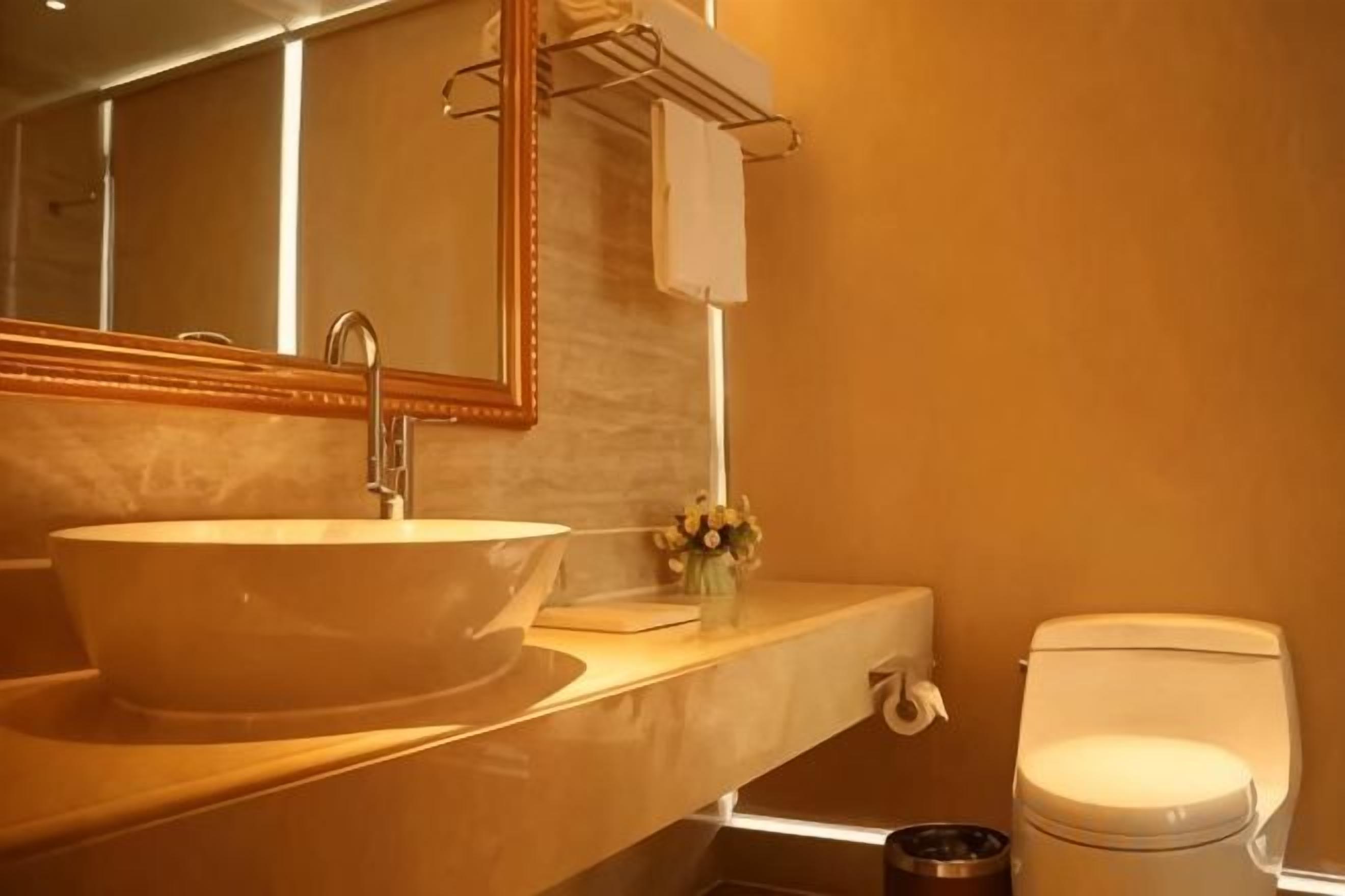 A bathroom with a large sink, a mirror, and a toilet.