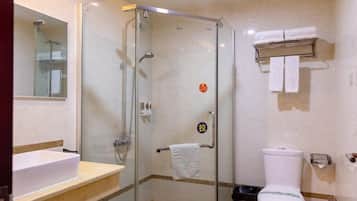 A modern bathroom with a glass-enclosed shower, a sink, and a toilet.