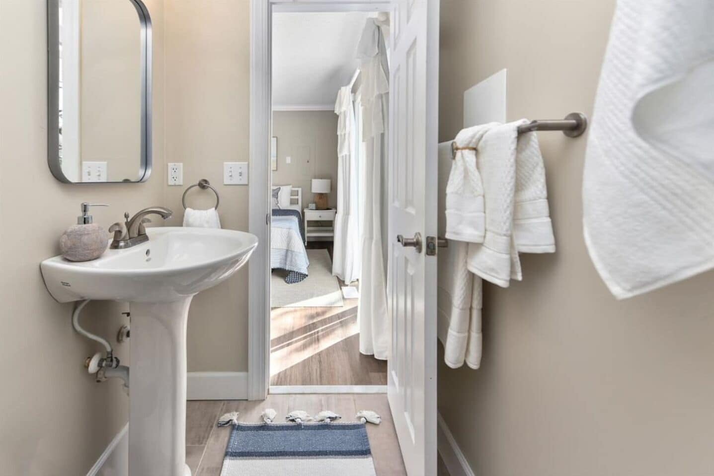 Combined shower/tub, hair dryer, towels, soap