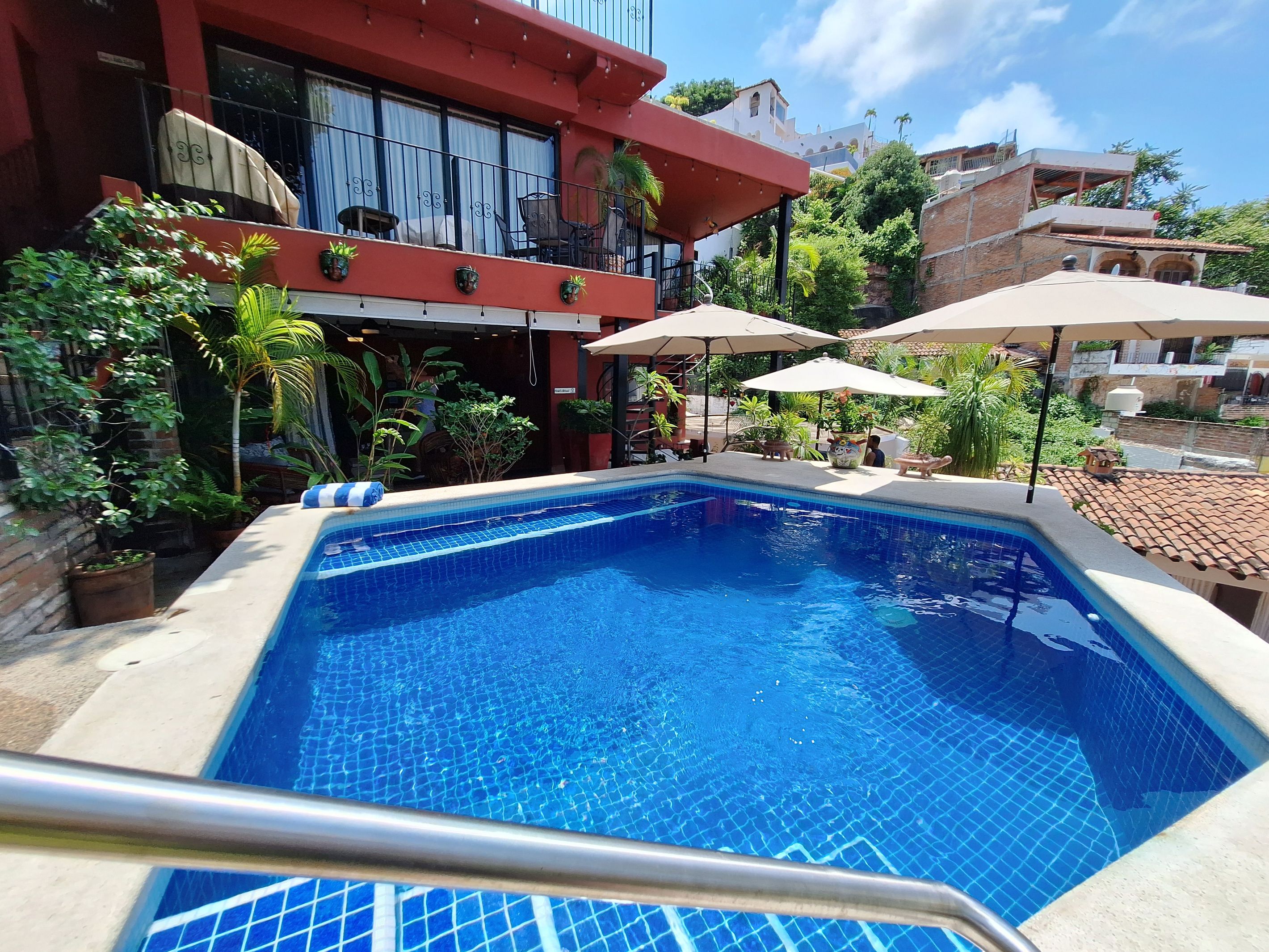 Una piscina con borde de azulejos, rodeada de plantas en macetas y mobiliario de exterior.