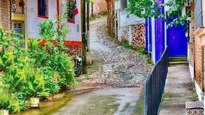 A narrow alleyway with buildings on either side, some with visible balconies and plants.