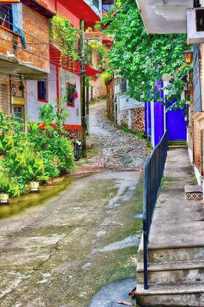 Our cobblestone alley in El Cerro; the villa is just around the bend - Las Brisas: Main-Level 3BR, Private Terrace, Heated Pool, Walk to Malecón (Puerto Vallarta)
