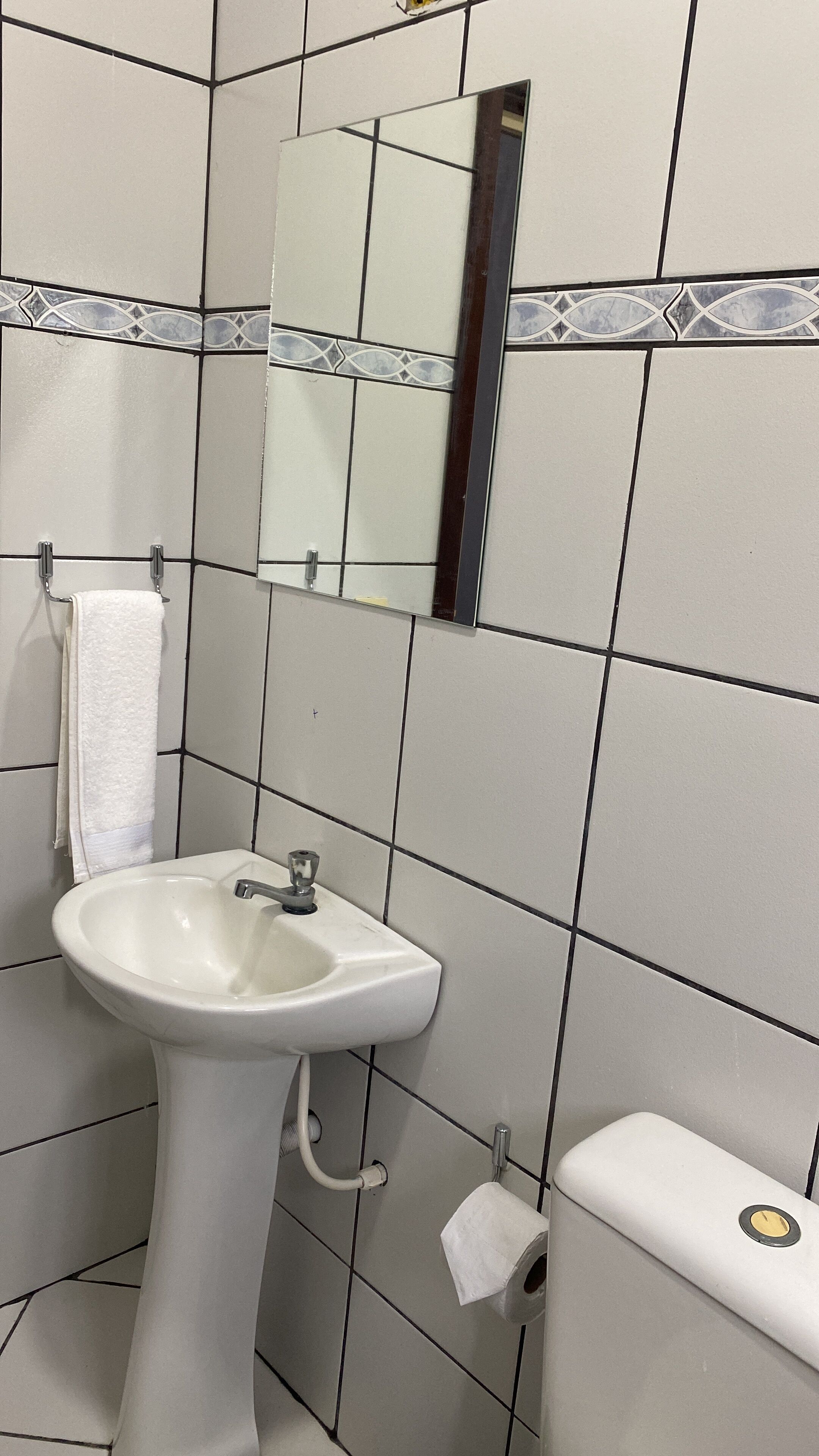 Ein Badezimmer mit Waschbecken, Spiegel und Toilette.