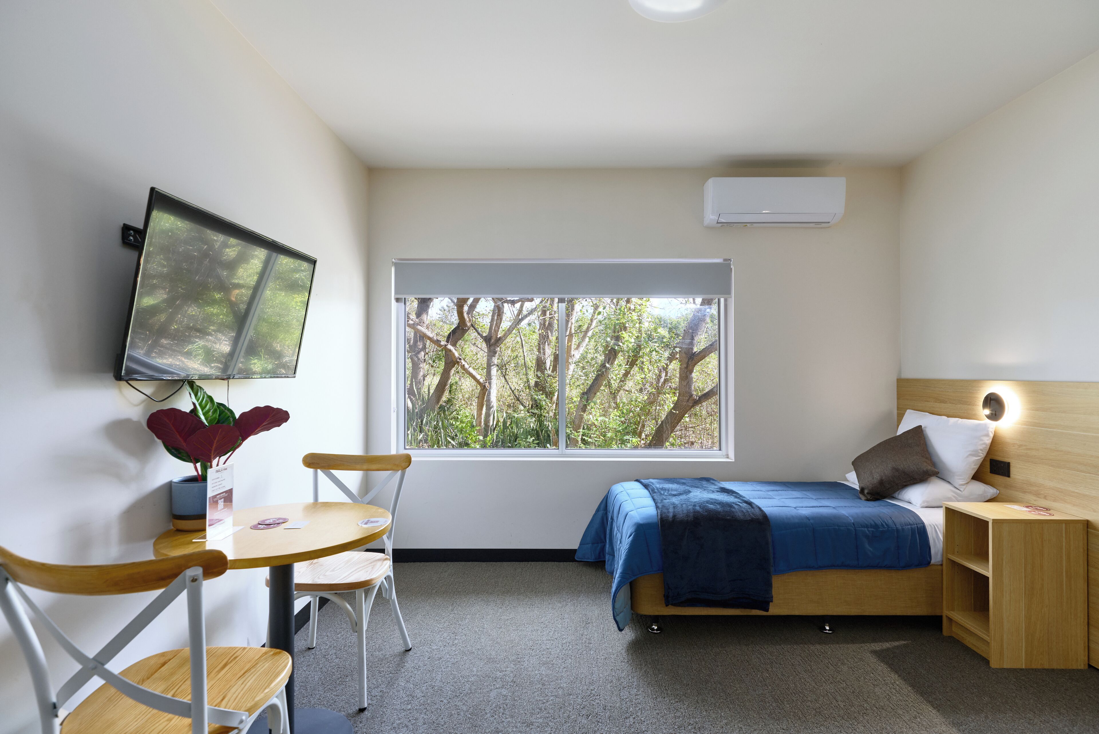 Une petite chambre à coucher moderne, équipée d’un lit, d’un téléviseur fixé au mur, d’une fenêtre donnant sur des arbres et d’une petite table avec des chaises.