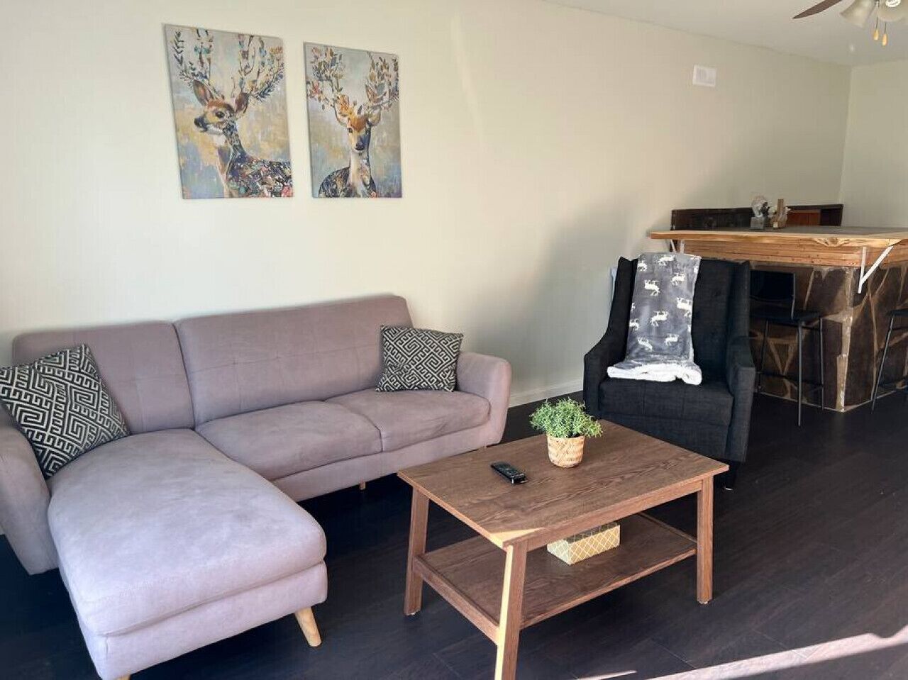 A living room with a sofa, a coffee table, and a dining area with a table and chairs.