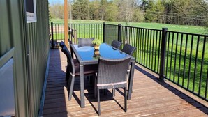 Une terrasse extérieure avec une table et des chaises, entourée d’une clôture en métal noir, donnant sur une zone herbeuse.