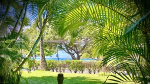 A table with a bottle of champagne and two glasses, set on a blue tiled table in a lush garden with palm trees and a view of the ocean. - Super cute, 1st floor unit across from the beach, a 1-minute walk to the beach! (Lahaina)