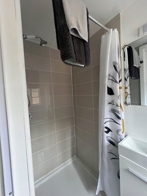 Shower, towels, soap, toilet paper