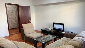 Un salon comprenant un canapé, un fauteuil et une table basse. On y trouve également un téléviseur posé sur un meuble et une porte dont le panneau est en verre imitant la pierre.