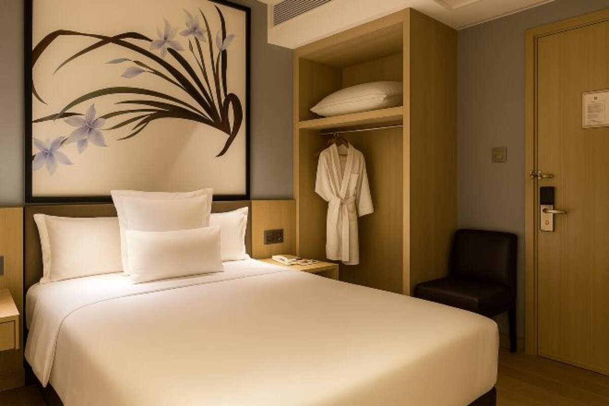 A hotel room with a large bed, a nightstand, a robe hanging on a wooden shelf, a chair, and a door with a lock.