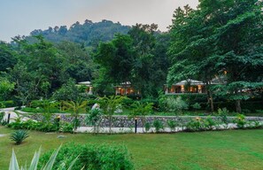 A lush garden with a stone wall, two houses with lights, and dense forest in the background.