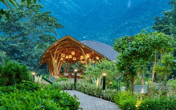 Frühstück, Mittagessen, Abendessen, Blick auf den Garten 