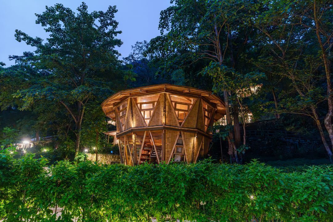 A wooden treehouse structure surrounded by dense foliage.