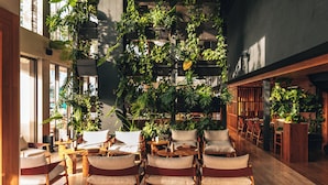 A spacious indoor area with wooden flooring, multiple seating arrangements, and abundant greenery. - M Boutique Hotel - Designed for Adults (Paphos)