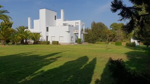 Un edificio moderno de color blanco con techo plano, rodeado por un césped cuidado y palmeras.