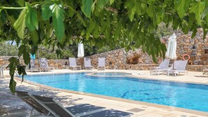 Piscina com espreguiçadeiras e guarda-sóis, cercada por um muro de pedra e vegetação.