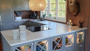 Une cuisine moderne avec des meubles de couleur grise, un grand îlot central doté de portes en verre, un luminaire suspendu et une tête de cerf fixée au mur.