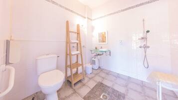 Een badkamer met toilet, een houten ladder, een wastafel en een douche.