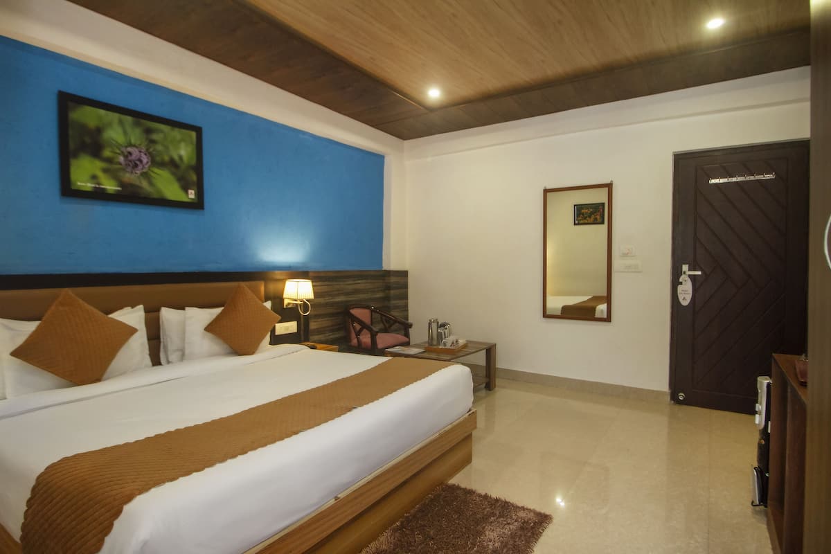 A hotel room with a large bed, a nightstand, a chair, a desk, a mirror, and a door.