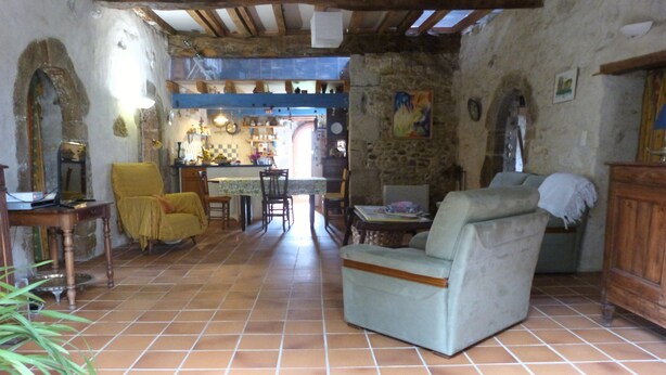 Un interior rústico con una zona de comedor, un sofá y una silla.