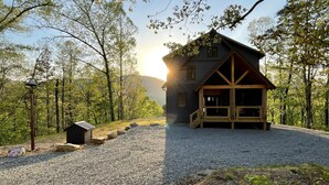 A cabin with a gravel driveway, surrounded by trees and a mountain in the background.