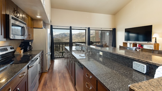 A modern kitchen with granite countertops, stainless steel appliances, and a large window overlooking a mountainous landscape. - Cozy Top Floor Condo w/ Incredible Mountain Views from Private Balcony! (Silverthorne)