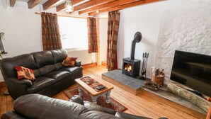 A cozy living room with a fireplace, leather sofas, a coffee table, and a flat-screen TV. - Y Big (Pwllheli)