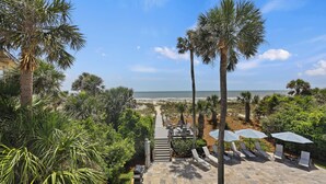 A resort with a paved pathway leading to a beach, surrounded by palm trees and lounge chairs with umbrellas.