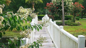 A wooden bridge with white railings, surrounded by lush greenery and flowering plants. - Close to Beach Brunswick Plantation Condo 2302M with 27 Hole Golf Course Onsite by RedAwning (Calabash)
