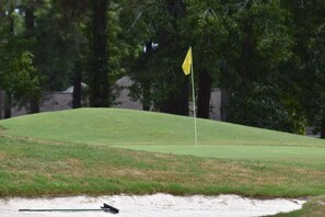 A golf course with a flagstick on a sandy area, surrounded by trees. - 2302 2 Bedroom Villa by RedAwning (Calabash)