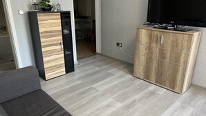 A modern living room with a grey sofa, a wooden cabinet, and a flat-screen TV. - Quiet 1 room apartment (Weilrod)