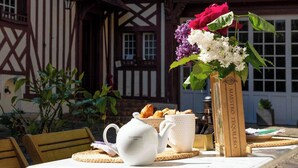 Una mesa al aire libre con un calentador de té, un florero con flores y un cartel que dice "MAESTRO TEQUILERO".