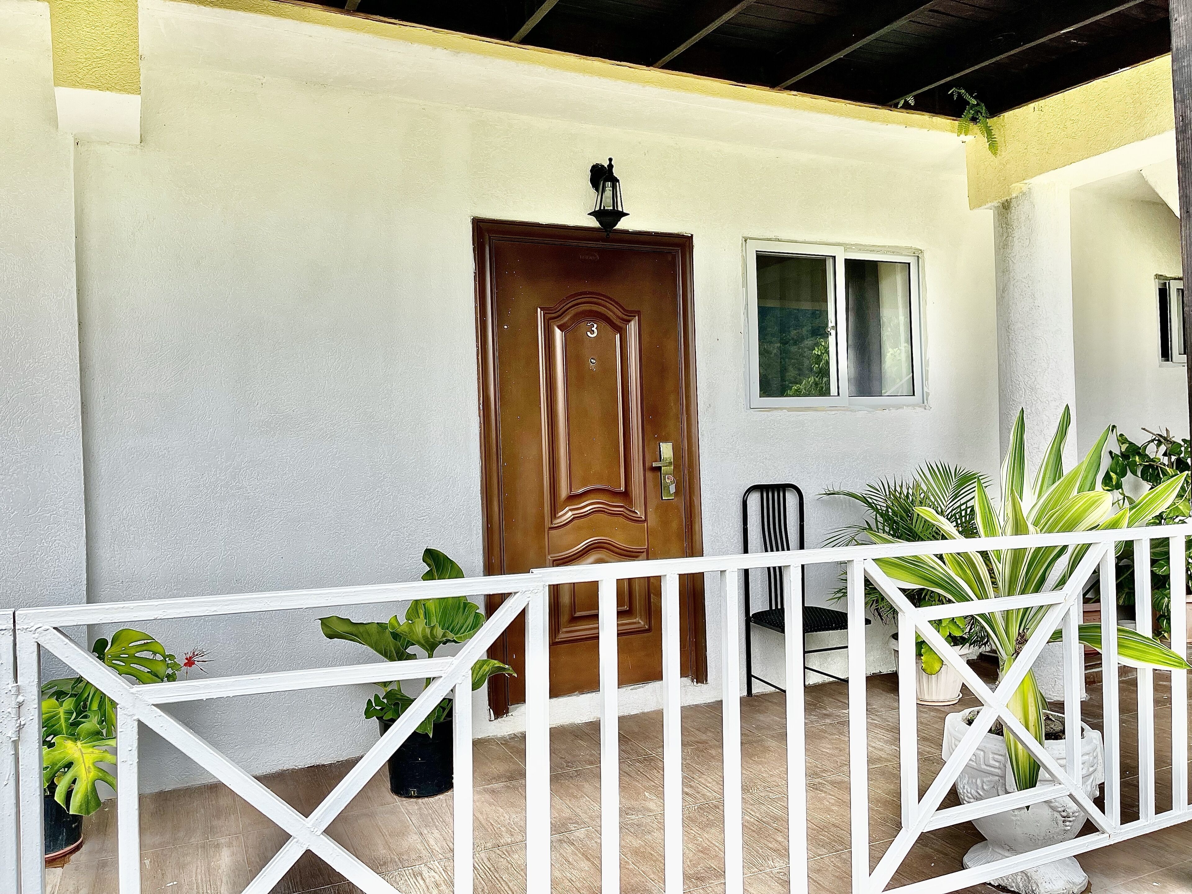 A house with a wooden door, a window, and a white railing. There are potted plants around the house.