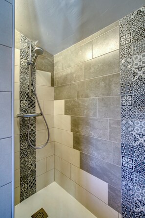 Shower, towels, toilet paper