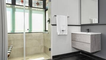 Shower, hair dryer, towels, soap