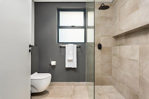 Douche, sĂšche-cheveux, serviettes fournies, savon
