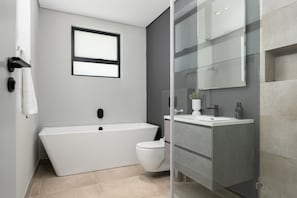 Shower, hair dryer, towels, soap