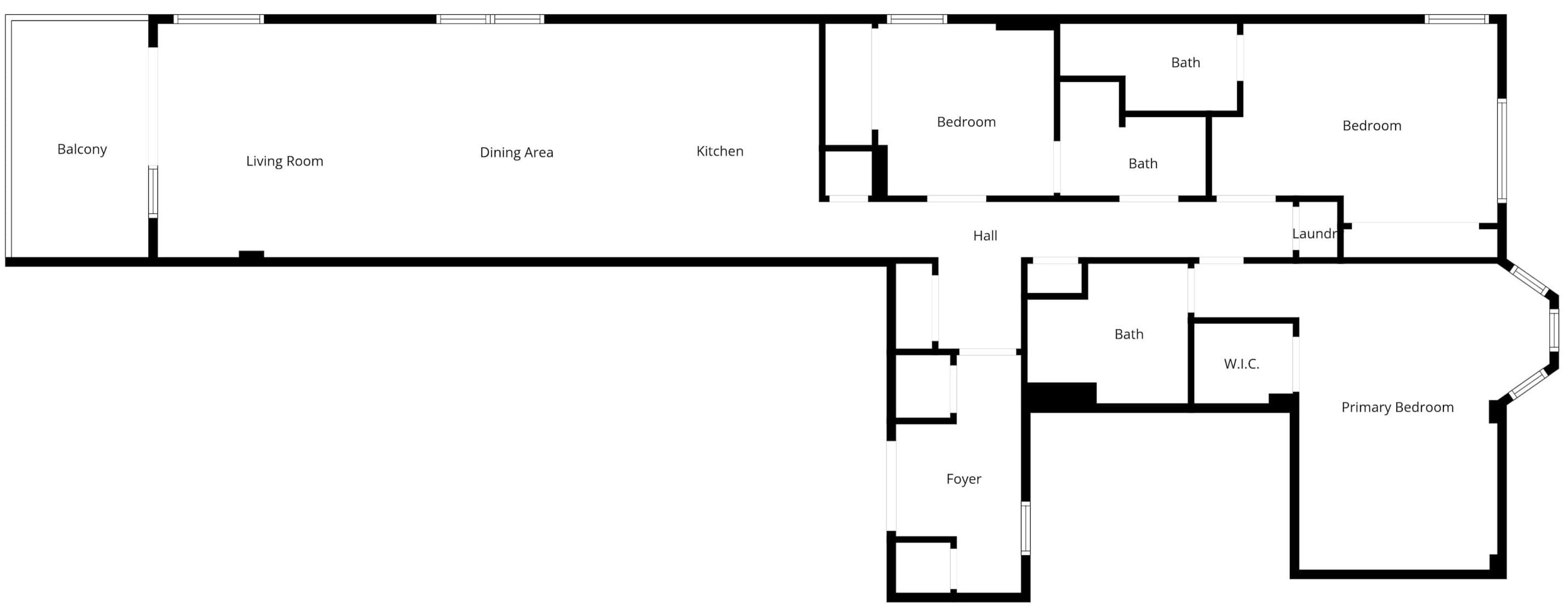 Ein Grundriss mit Balkon, Wohnzimmer, Essbereich, Küche, zwei Schlafzimmern, einem Badezimmer, einer Diele und einem Eingangsbereich sowie einem begehbaren Kleiderschrank.