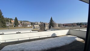 Un toit avec une zone recouverte de neige, un ciel dégagé et des bâtiments en arrière-plan.